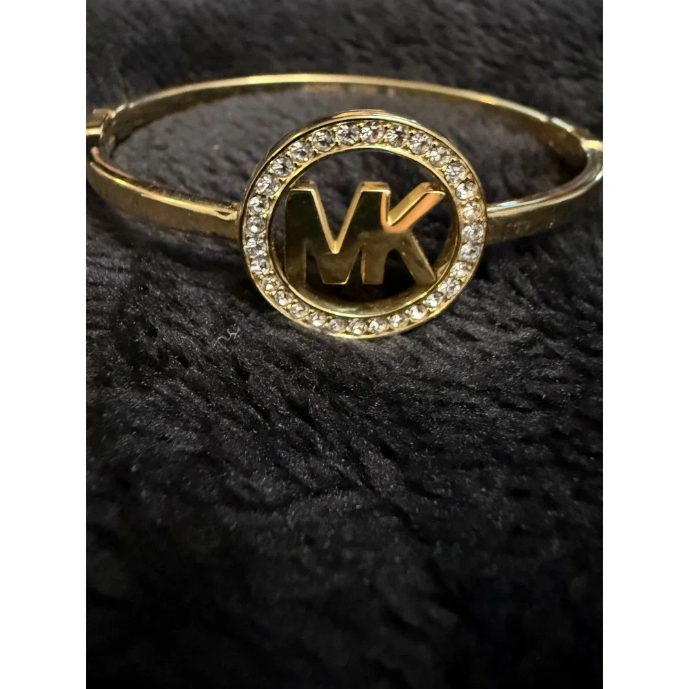 Michael Kors Gold Tone Pave MK Logo Hinge Bangle Bracelet